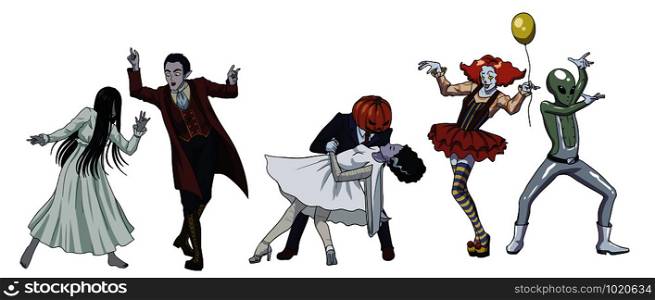 Fun dancing halloween monsters. Scary girl, vampire, clown, alien, pumpkin, Frankenstein bride.