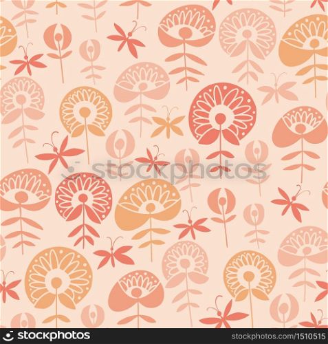 Fun decorative abstract flower seamless pattern. Vector illustration floral and butterfly tile motif. Simple silhouette rapport for textile, wallpaper, background.