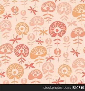 Fun decorative abstract flower seamless pattern. Vector illustration floral and butterfly tile motif. Simple silhouette rapport for textile, wallpaper, background.