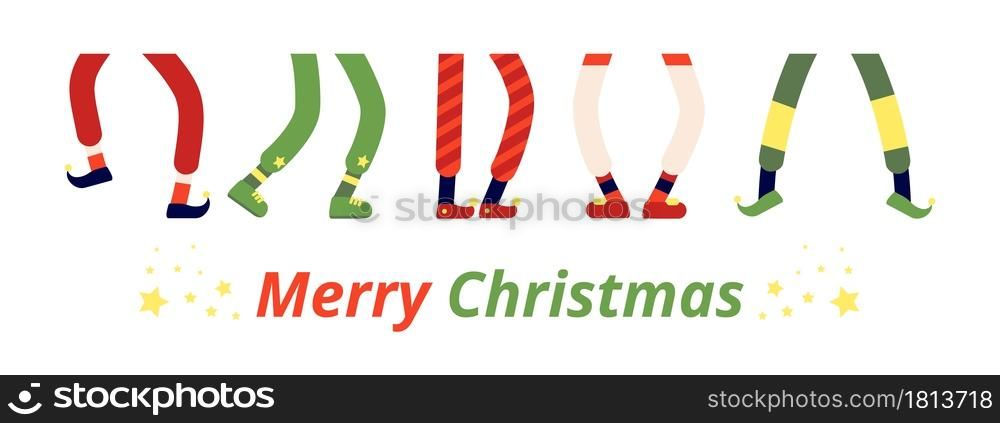 Fun elf feet. Leprechaun legs, dancing elves in shoes. Different dwarf stocking foot boot, funny holiday christmas celebrating vector banner. Cartoon leprechaun and elf feet, christmas illustration. Fun elf feet. Leprechaun legs, dancing elves in shoes. Different dwarf stocking foot boot, funny holiday christmas celebrating vector banner