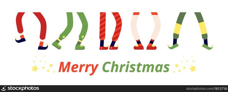 Fun elf feet. Leprechaun legs, dancing elves in shoes. Different dwarf stocking foot boot, funny holiday christmas celebrating vector banner. Cartoon leprechaun and elf feet, christmas illustration. Fun elf feet. Leprechaun legs, dancing elves in shoes. Different dwarf stocking foot boot, funny holiday christmas celebrating vector banner