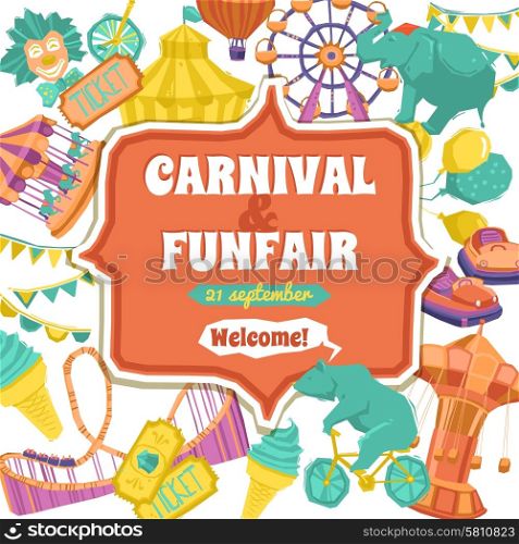 Fun fair traveling circus and carnival promo poster vector illustration. Fun Fair And Carnival Poster
