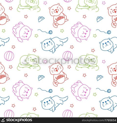 Fun Fat Cat Playing Eating Seamless Pattern Texture Background Wrapping