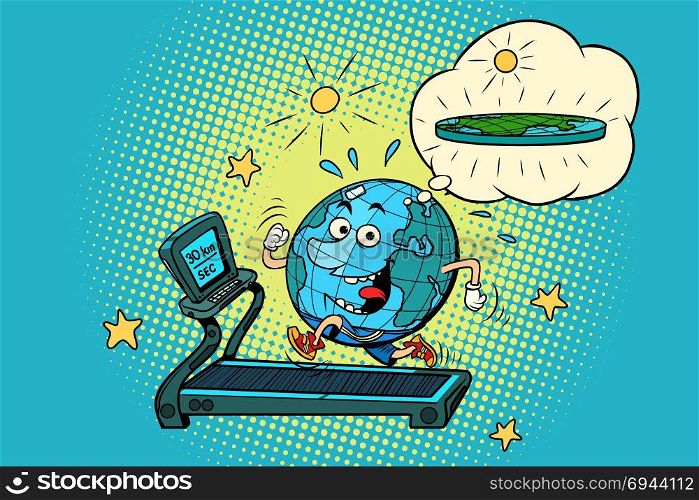 fun Fat Earth on the treadmill. Dream to lose weight. Sport fitness and healthy lifestyle. Sport fitness and healthy lifestyle. Comic book cartoon pop art retro drawing illustration. fun Fat Earth on the treadmill. Dream to lose weight. Sport fitn