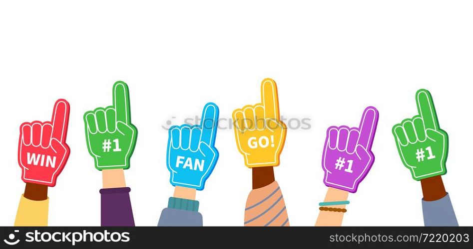 Fun foam finger. Finger of fan with number one. Hand in baseball or football glove with number 1. Icon of forefinger for first place in sport. Cartoon sign for best or winner. Logo for support. Vector. Fun foam finger. Finger of fan with number one. Hand in baseball, football glove with number 1. Icon of forefinger for first place in sport. Cartoon sign for best or winner. Logo for support. Vector.