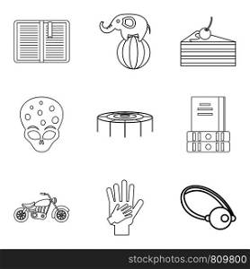Fun for kiddy icons set. Outline set of 9 fun for kiddy vector icons for web isolated on white background. Fun for kiddy icons set, outline style