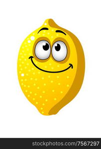 Fun goofy looking yellow cartoon lemon fruit with a happy smile and squinting eyes