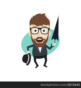 fun guy with umbrella and bowl hat vector art illustration. fun guy with umbrella and bowl hat