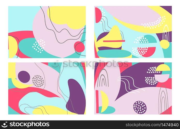 Fun hand drawn colorful shapes, doodle objects and lines, dots collage, modern trendy abstract pattern background for design set. Pink yellow blue purple pastel colors