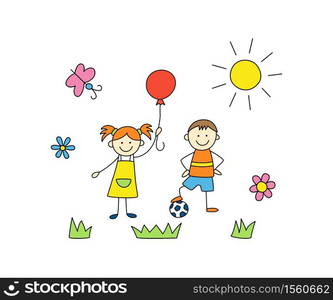 Fun kids play outdoors. Cute doodle boy with ball and girl with balloon. Hand drawn vector illustration on white background. Fun kids play outdoors. Cute doodle boy with ball and girl with balloon