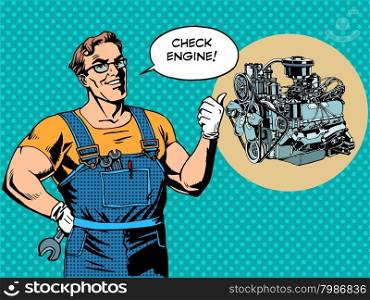 Fun mechanic check engine repair car pop art retro style. Fun mechanic check engine repair car