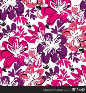 Fun pink and violet abstract floral seamless pattern for background, fabric, textile, wrap, surface, web and print design. Flower vector background, summer blossom rapport