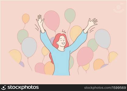 Fun, success, celebration, holiday, joy concept. Young happy cheerful smiling joyful woman girl teenager celebrating birthday victory with flying air baloons. Goal achievement happiness illustration.. Fun, success, celebration, holiday, joy concept