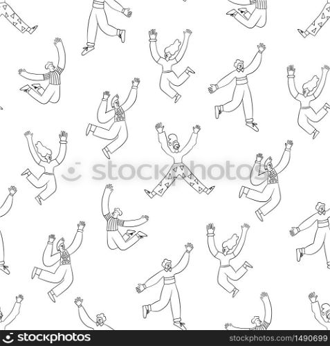 Fun trendy people jumping in the air with raised hands. Seamless anthropomorphic pattern. Vector illustration in doodle style. Fun trendy people jumping in the air with raised hands. Seamless pattern. Vector illustration