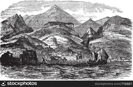 Funchal in Madeira, Portugal , during the 1890s, vintage engraving. Old engraved illustration of Funchal with moving boats in front and city in back.