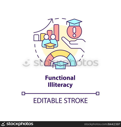 Functional illiteracy concept icon. Social effect of overcrowding abstract idea thin line illustration. Isolated outline drawing. Editable stroke. Arial, Myriad Pro-Bold fonts used. Functional illiteracy concept icon