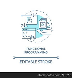 Functional programming turquoise concept icon. Coding paradigm type abstract idea thin line illustration. Function calls. Isolated outline drawing. Editable stroke. Arial, Myriad Pro-Bold fonts used. Functional programming turquoise concept icon