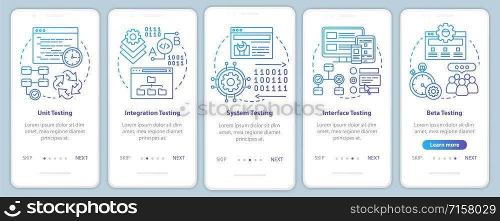 Functional software testing onboarding mobile app page screen vector template. Progam usability analysis. Walkthrough website steps with linear illustrations. UX, UI, GUI smartphone interface concept