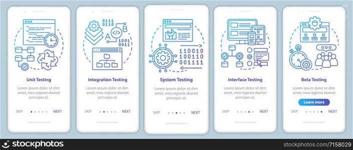Functional software testing onboarding mobile app page screen vector template. Progam usability analysis. Walkthrough website steps with linear illustrations. UX, UI, GUI smartphone interface concept