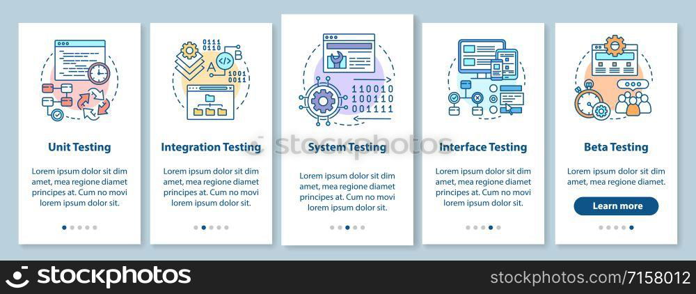 Functional software testing onboarding mobile app page screen with linear concepts. Progam usability analysis walkthrough steps graphic instructions. UX, UI, GUI vector template with illustrations