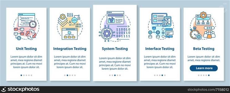 Functional software testing onboarding mobile app page screen with linear concepts. Progam usability analysis walkthrough steps graphic instructions. UX, UI, GUI vector template with illustrations
