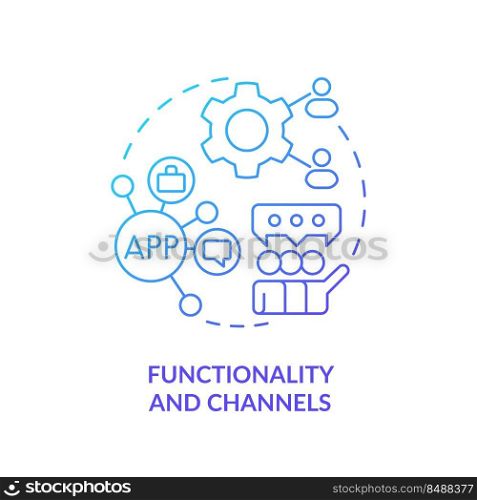 Functionality and channels blue gradient concept icon. Customer engagement platform feature abstract idea thin line illustration. Isolated outline drawing. Myriad Pro-Bold fonts used. Functionality and channels blue gradient concept icon