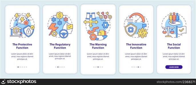 Functions of economic security onboarding mobile app screen. Protection walkthrough 5 steps graphic instructions pages with linear concepts. UI, UX, GUI template. Myriad Pro-Bold, Regular fonts used. Functions of economic security onboarding mobile app screen