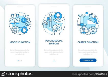 Functions of mentor onboarding mobile app page screen with concepts. Improving job skills. Career in company walkthrough 3 steps graphic instructions. UI vector template with RGB color illustrations. Functions of mentor onboarding mobile app page screen with concepts