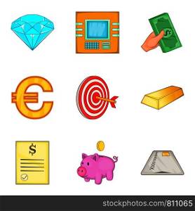 Fund icons set. Cartoon set of 9 fund vector icons for web isolated on white background. Fund icons set, cartoon style