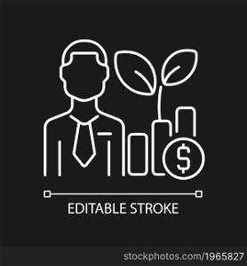 Fund manager white linear icon for dark theme. Financial investment expert. Hedge fund specialist. Thin line customizable illustration. Isolated vector contour symbol for night mode. Editable stroke. Fund manager white linear icon for dark theme