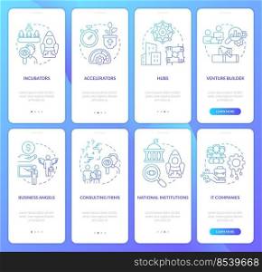 Funding assistance for startups blue gradient onboarding mobile app screen set. Walkthrough 4 steps graphic instructions with linear concepts. UI, UX, GUI template. Myriad Pro-Bold, Regular fonts used. Funding assistance for startups blue gradient onboarding mobile app screen set