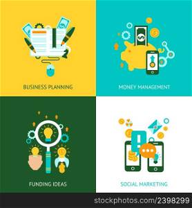 Funding management ideas in business planning and marketing analysis 4 flat icons composition abstract isolated vector illustration. Business analysis concept 4 flat icons