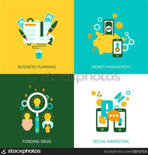 Funding management ideas in business planning and marketing analysis 4 flat icons composition abstract isolated vector illustration. Business analysis concept 4 flat icons