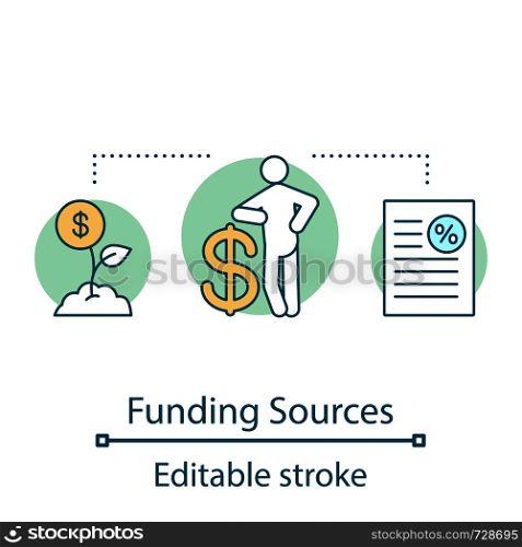 Funding sources concept icon. Financial management idea thin line illustration. Budget planning. Business development. Find financing. Vector isolated outline drawing. Editable stroke. Funding sources concept icon