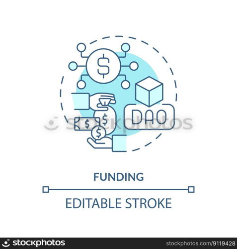 Funding turquoise concept icon. Buy and sell cryptocurrency. DAO lunch step abstract idea thin line illustration. Isolated outline drawing. Editable stroke. Arial, Myriad Pro-Bold fonts used. Funding turquoise concept icon