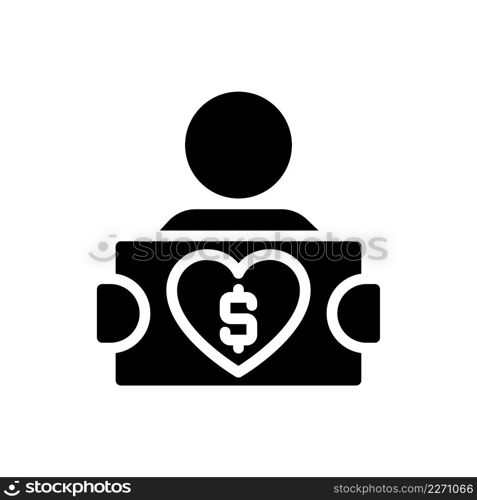 Fundraiser black glyph icon. Soliciting potential donors. Raising money for charity campaign. Asking for donations. Silhouette symbol on white space. Solid pictogram. Vector isolated illustration. Fundraiser black glyph icon