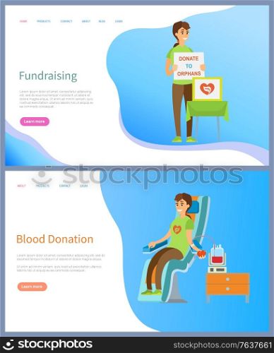 Fundraising and blood donation vector, people volunteering and helping, social workers with table asking for financial aid, male in hospital. Website or slider app, landing page flat style. Fundraising Woman and Table, Blood Donation Web