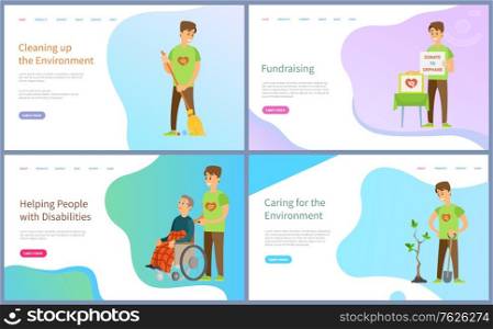 Fundraising and cleaning environment vector, people with disabilities and planting trees, watering plants, volunteers working, kind volunteering. Website or slider app, landing page flat style. Helping People with Disabilities and Fundraising