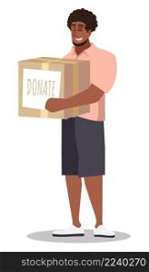Fundraising event semi flat RGB color vector illustration. Male volunteer holding box for charity isolated cartoon character on white background. Fundraising event semi flat RGB color vector illustration