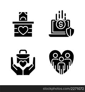 Fundraising strategy black glyph icons set on white space. Money donation. Social responsibility. Community work. Crowdfunding. Silhouette symbols. Solid pictogram pack. Vector isolated illustration. Fundraising strategy black glyph icons set on white space
