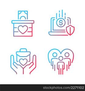 Fundraising strategy gradient linear vector icons set. Money donation. Social responsibility. Community work. Thin line contour symbol designs bundle. Isolated outline illustrations collection. Fundraising strategy gradient linear vector icons set