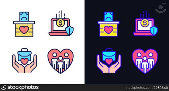 Fundraising strategy pixel perfect light and dark theme color icons set. Money donation. Social responsibility. Simple filled line drawings. Bright cliparts on white and black. Editable stroke. Fundraising strategy pixel perfect light and dark theme color icons set