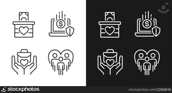 Fundraising strategy pixel perfect linear icons set for dark, light mode. Money donation. Social responsibility. Thin line symbols for night, day theme. Isolated illustrations. Editable stroke. Fundraising strategy pixel perfect linear icons set for dark, light mode