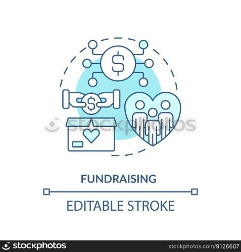 Fundraising turquoise concept icon. Get financial contribution. DAO usage purpose abstract idea thin line illustration. Isolated outline drawing. Editable stroke. Arial, Myriad Pro-Bold fonts used. Fundraising turquoise concept icon