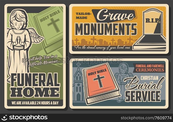 Funeral and burial agency service, vector vintage posters for farewell ceremonies and funerals. Crave monuments and tombstones shop, Christian church memorial mess, bible and angel with RIP ribbon. Funeral home, crave monuments and burial service