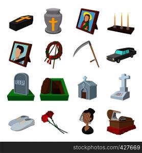 Funeral and burial cartoon icons set isolated on white background. Funeral and burial cartoon icons