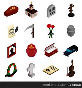 Funeral and burial isometric 3d icons set isolated on white background. Funeral and burial isometric 3d icons