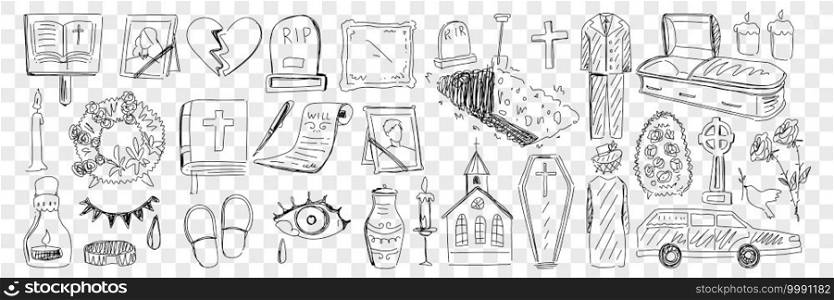Funeral and cemetery attributes doodle set. Collection of hand drawn coffin candle church cemetery memorials will grief hearse and process of funeral isolated on transparent background. Funeral and cemetery attributes doodle set