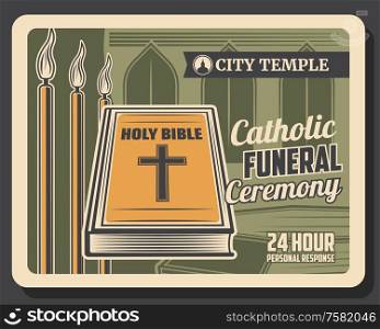 Funeral and farewell ceremony, Catholic requiem mass in temple, memorial service company retro poster. Vector Christian church, holy bible and memorial candles with RIP ribbon. Catholic funeral ceremony, city temple mass