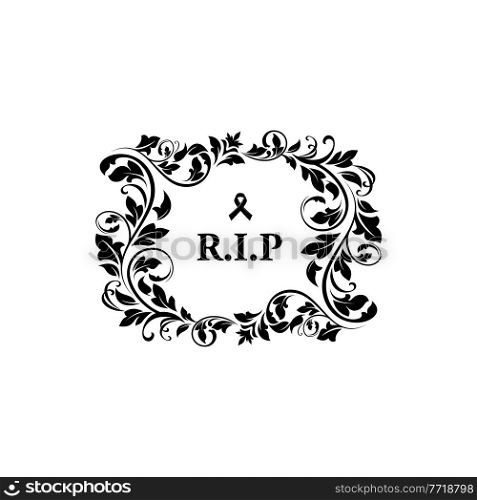 Funeral and obituary condolence card with flowers and RIP message, vector grief floral wreath. Funeral and death memory black banner for memorial ceremony and Rest in Peace mortuary ribbon. Funeral and obituary condolence card, RIP flowers